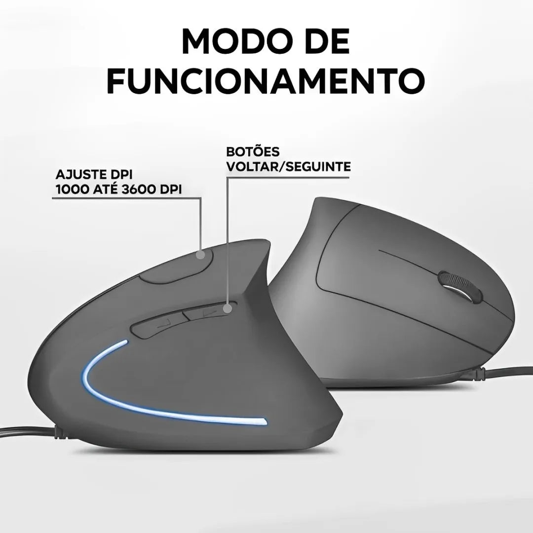 Mouse vertical ergonômico Verto Com o Verto LED
