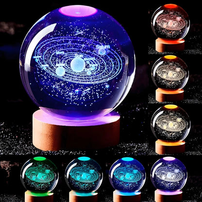 Luminária Bola de Cristal 3D - LED Base De Madeira
