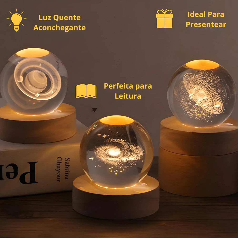 Luminária Bola de Cristal 3D - LED Base De Madeira