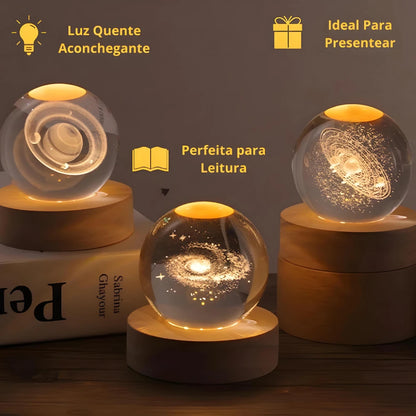 Luminária Bola de Cristal 3D - LED Base De Madeira