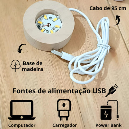 Luminária Bola de Cristal 3D - LED Base De Madeira