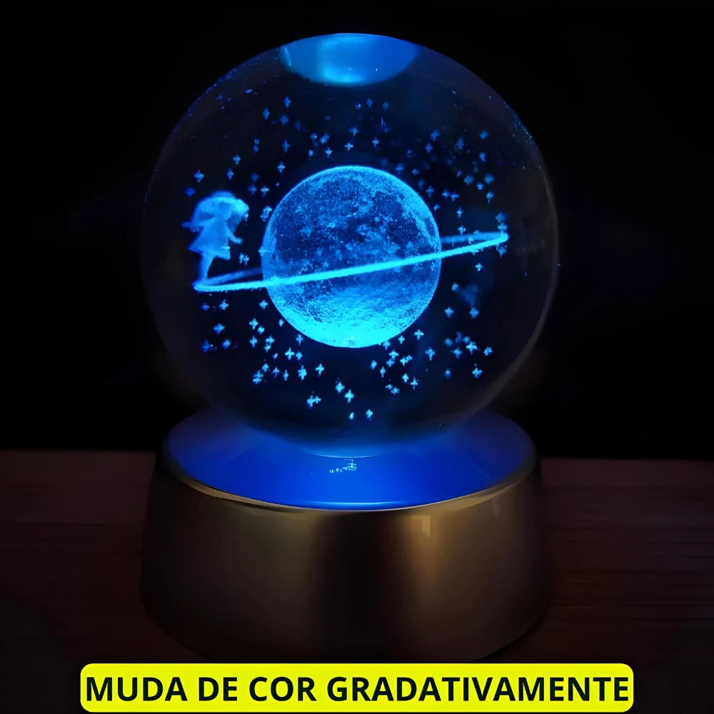 Luminária Bola de Cristal 3D - LED Base De Madeira