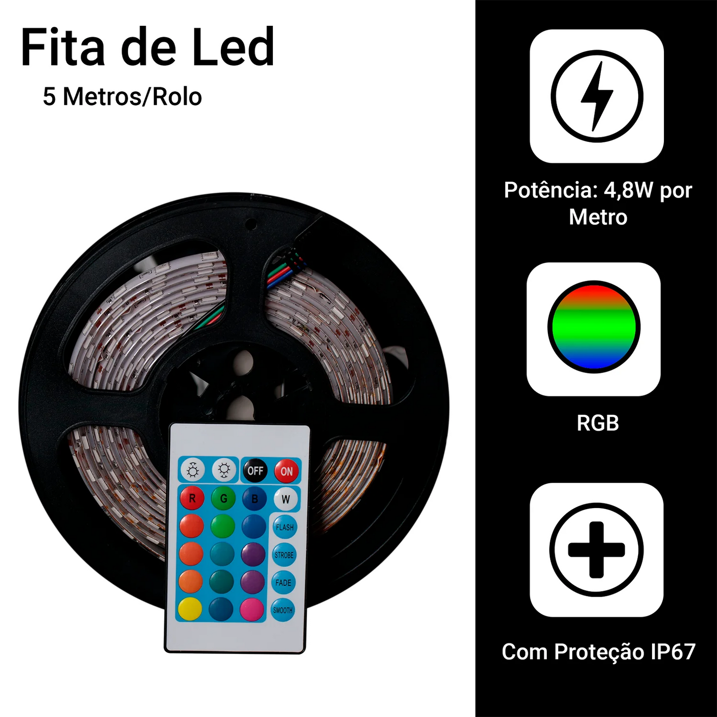 LED Tape Roll 5m IP65 + Controle + Fonte 12V Bivolt